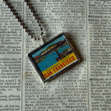 Vintage San Francisco Fisherman's Wharf and Alcatraz illustrations, upcycled hand soldered glass pendant