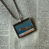 Vintage San Francisco Fisherman's Wharf and Alcatraz illustrations, upcycled hand soldered glass pendant