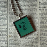 Snoopy, comic strip illustrations from vintage Peanuts book, up-cycled to hand-soldered glass pendant