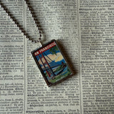 Vintage San Francisco Golden Gate Bridge and Ferry Building illustrations, upcycled hand soldered glass pendant