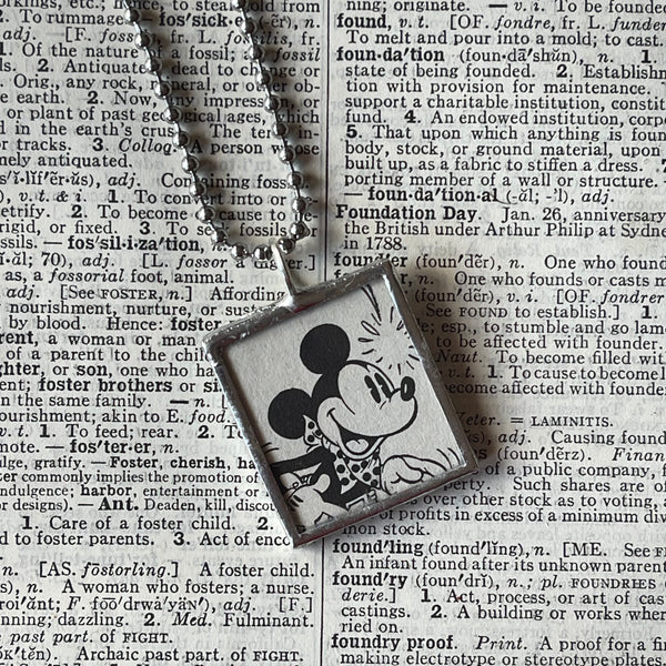 Mickey Minnie Mouse, vintage illustrations, up-cycled to soldered glass pendant