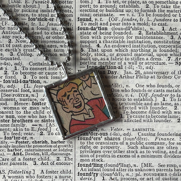 Archie & Jughead, Archie comics, original vintage 1970s comic book illustrations, upcycled to soldered glass pendant