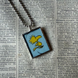 Snoopy and Woodstock, comic strip illustrations from vintage Peanuts book, up-cycled to hand-soldered glass pendant