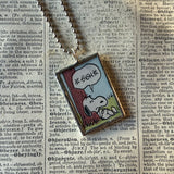 Snoopy, comic strip illustrations from vintage Peanuts book, up-cycled to hand-soldered glass pendant