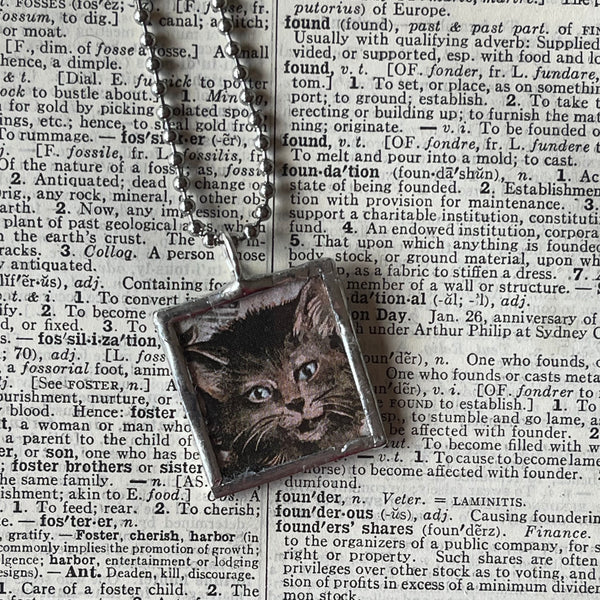 1 Cat, kitten, kitty, vintage children's book illustrations up-cycled to soldered glass pendant