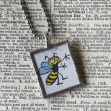 Bee, honey, vintage children's book illustration, upcycled to soldered glass pendant