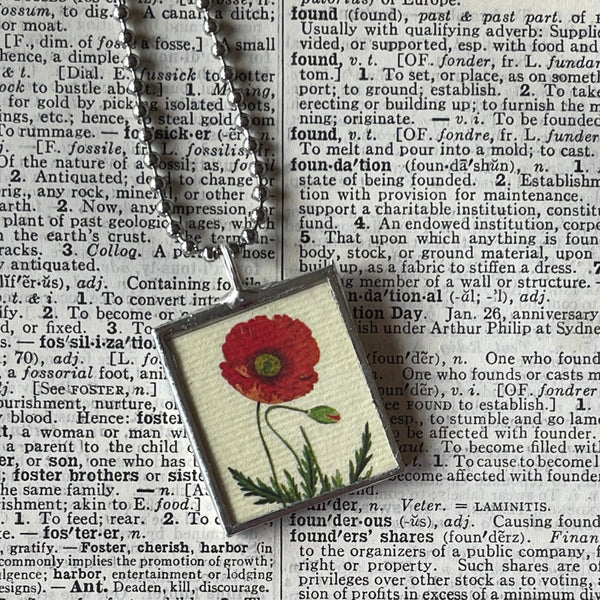 1 Poppy flower, wild flowers, botanical illustrations, up-cycled to soldered glass pendant