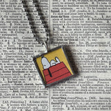 Snoopy, Woodstock, comic strip illustrations from vintage Peanuts book, up-cycled to hand-soldered glass pendant