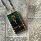 Barack and Michelle Obama portraits - Amy Sherald, Kehinde Wiley paintings, upcycled to soldered glass pendant