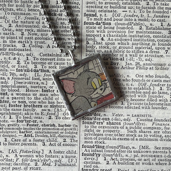 Tom and Jerry comics, original vintage 1970s comic book illustrations, upcycled to soldered glass pendant