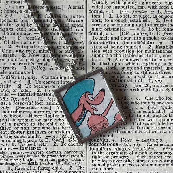 Go Dog Go, original illustrations from vintage book, up-cycled to soldered glass pendant