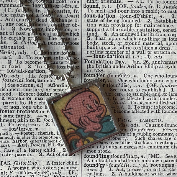 Porky Pig, Petunia, vintage 1960s comic illustration, upcycled to soldered hand-soldered glass pendant 