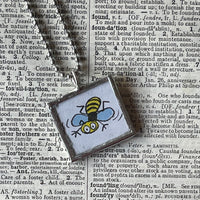 Bee, honey, vintage children's book illustration, upcycled to soldered glass pendant