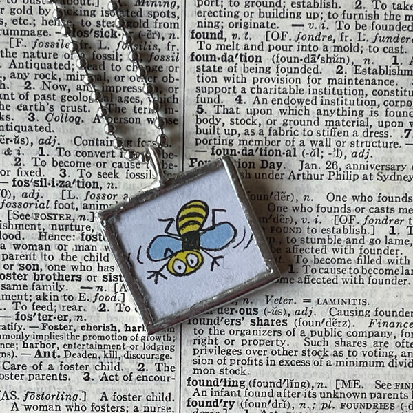 1 Bee, honey, vintage children's book illustration, upcycled to soldered glass pendant