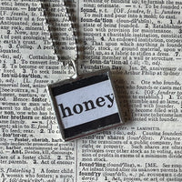 Bee, honey, vintage children's book illustration, upcycled to soldered glass pendant