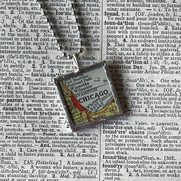 Chicago, Milwaukee vintage maps upcycled to hand-soldered glass pendant