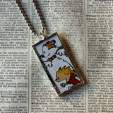 Calvin & Hobbes, original vintage comic book illustrations, upcycled to soldered glass pendant