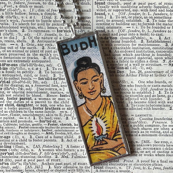 1 Buddha, lotus vintage illustration upcycled to soldered glass pendant
