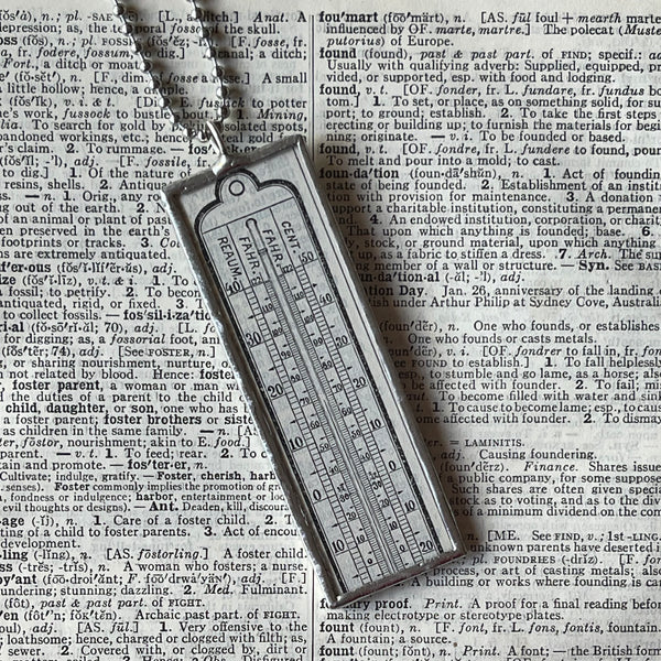 1 Thermometer, vintage 1930s dictionary illustration, up-cycled to hand soldered glass pendant