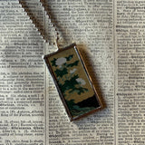 White crane and chrysanthemums up-cycled to soldered glass pendant