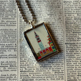 Vintage San Francisco Bay Bridge and Ferry Building illustrations, upcycled hand soldered glass pendant