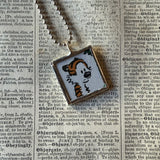 Calvin & Hobbes, original vintage comic book illustrations, upcycled to soldered glass pendant