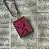 Snoopy, comic strip illustrations from vintage Peanuts book, up-cycled to hand-soldered glass pendant