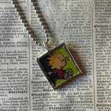 Calvin & Hobbes, original vintage comic book illustrations, upcycled to soldered glass pendant