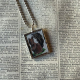 Little squirrel and flowers, vintage illustrations, up-cycled to soldered glass pendant