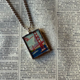 Vintage San Francisco Golden Gate Bridge and Chinatown illustrations, upcycled hand soldered glass pendant