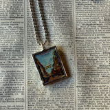 Vintage San Francisco Golden Gate Bridge and Chinatown illustrations, upcycled hand soldered glass pendant