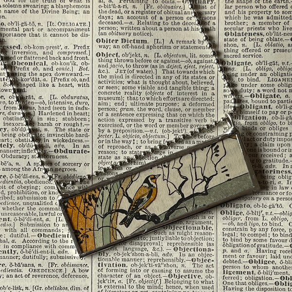1  Bird and rainbow, vintage children's book illustration, up-cycled to hand-soldered glass pendant