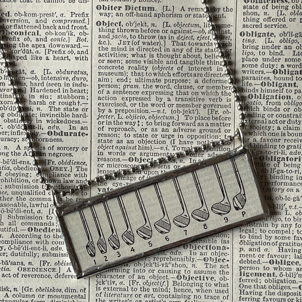 1 Vintage golf clubs illustrations, 1940s dictionary, up-cycled to hand-soldered glass pendant