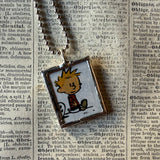 Calvin & Hobbes, original vintage comic book illustrations, upcycled to soldered glass pendant