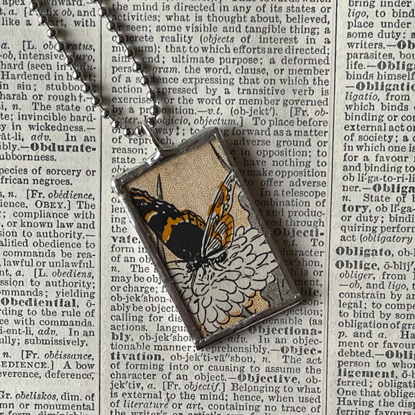 1 Monarch butterfly, daisy, vintage 1940s vintage children's book illustrations, up-cycled to soldered glass pendant