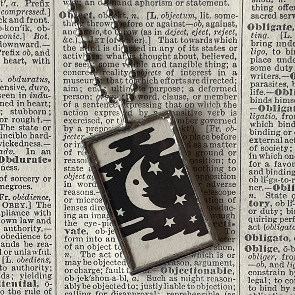 1 Crescent moon, Smiling sun, vintage children's book illustrations upcycled to soldered glass pendant