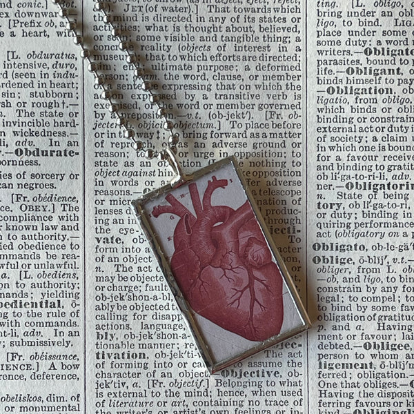 1 Anatomical Heart vintage illustrations up-cycled to soldered glass pendant