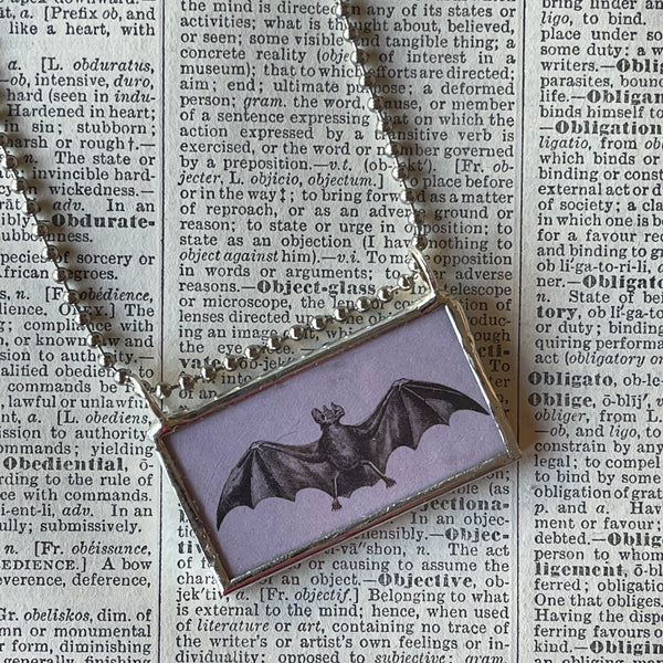 1 - Bat, halloween witch and full moon vintage illustrations, up-cycled to hand-soldered glass pendant