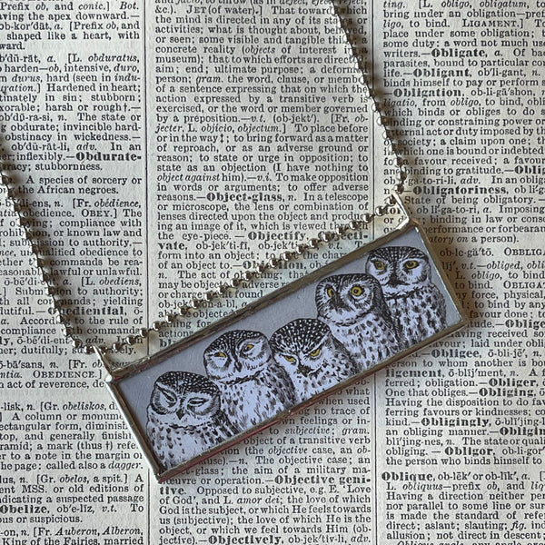 1 Owls, flowers, vintage children's book illustrations up-cycled to soldered glass pendant