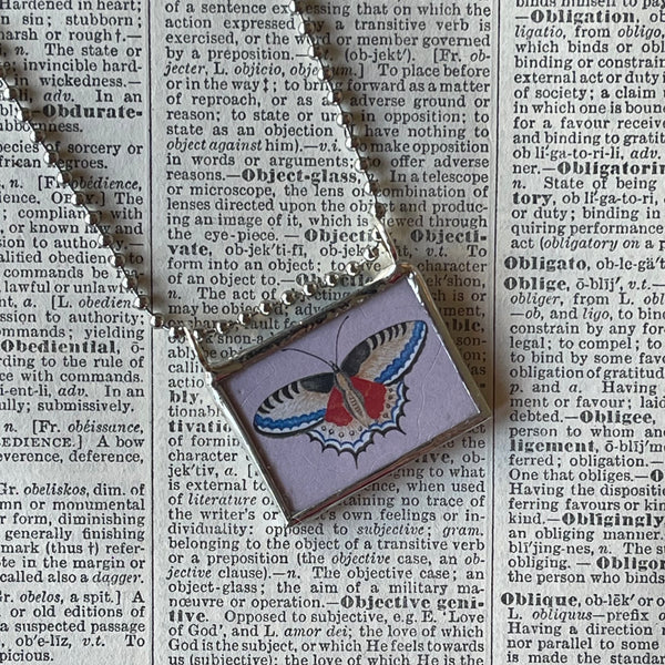 1 Butterfly, flowers, vintage illustrations, up-cycled to hand-soldered glass pendant