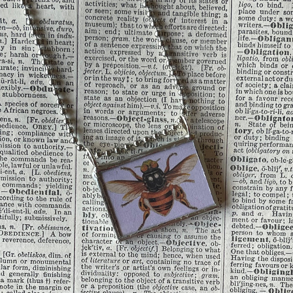 1 Bumble bee honey bee, vintage illustrations, up-cycled to hand-soldered glass pendant