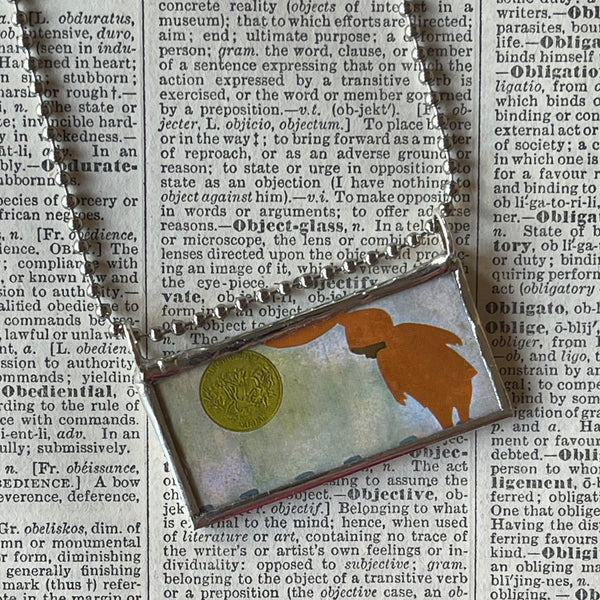 The Snowy Day, vintage children's book illustration, hand-soldered glass pendant