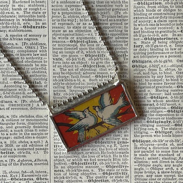 1 - Doves, Taj Mahal, vintage illustrations up-cycled to soldered glass pendant