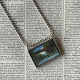 1 Japanese Woodblock Print, temple in snow, lotus on pond, upcycled to soldered glass necklace