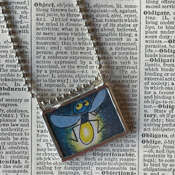 1 Firefly, vintage illustrations, up-cycled to hand-soldered glass pendant