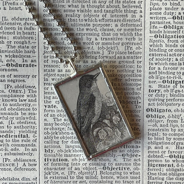 1 Robin, bird vintage illustrations, upcycled to soldered glass pendant