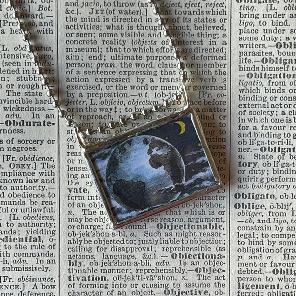 1 Earth, moon, constellations, vintage illustrations, up-cycled to hand-soldered glass pendant