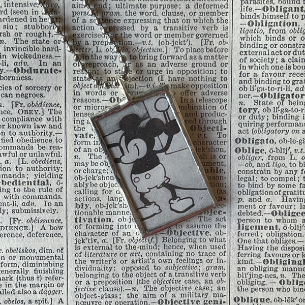 Steamboat Willie, Mickey Mouse, vintage illustrations, up-cycled to soldered glass pendant