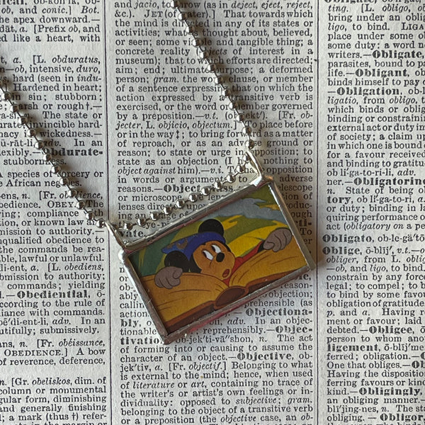 Mickey, Fantasia, vintage illustrations, up-cycled to soldered glass pendant