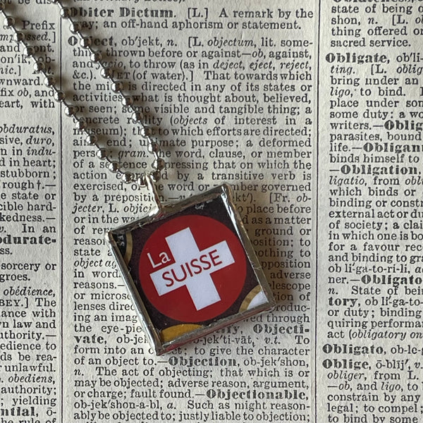 Switzerland, vintage button images, upcycled hand soldered glass pendant